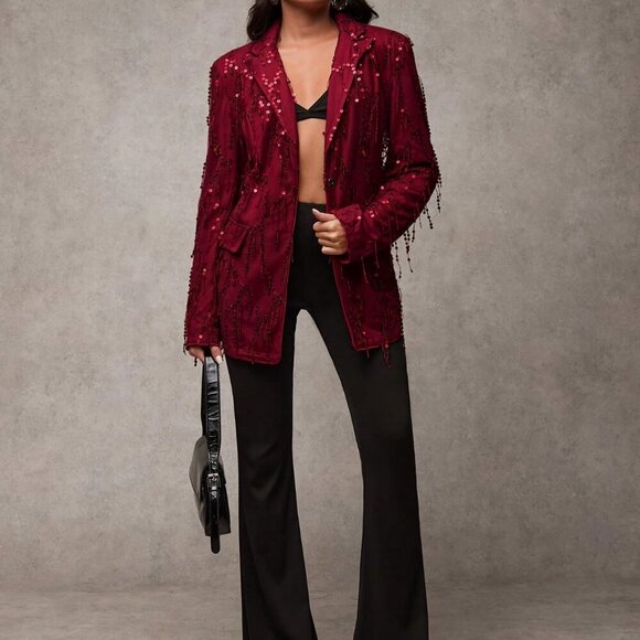burgundy Party Women's Sequin Patchwork Lapel Neck Long Sleeve Blazer Jacket - Picture 3 of 7